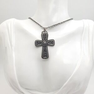 Havstad Tinn Cross Necklace Pewter Pectoral Crucifix Filigree Floral Vtg Norway